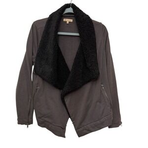 Democracy‎ women's Jacket Draped Sherpa Collar Zippers Dark Gray Black Small